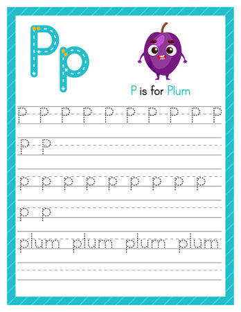 Trace letter P uppercase and lowercase. Alphabet tracing practice preschool worksheet for kids learning English with cartoon plum. Activity page for Pre K, kindergarten. Vector illustration.のイラスト素材