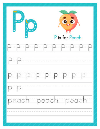 Trace letter P uppercase and lowercase. Alphabet tracing practice preschool worksheet for kids learning English with cartoon peach. Activity page for Pre K, kindergarten. Vector illustration.のイラスト素材