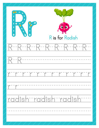 Trace letter R uppercase and lowercase. Alphabet tracing practice preschool worksheet for kids learning English with cartoon radish. Activity page for Pre K, kindergarten. Vector illustration.のイラスト素材