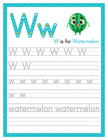Trace letter W uppercase and lowercase. Alphabet tracing practice preschool worksheet for kids learning English with cartoon watermelon. Activity page for Pre K, kindergarten. Vector illustrationのイラスト素材