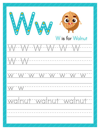 Trace letter W uppercase and lowercase. Alphabet tracing practice preschool worksheet for kids learning English with cartoon walnut. Activity page for Pre K, kindergarten. Vector illustrationのイラスト素材