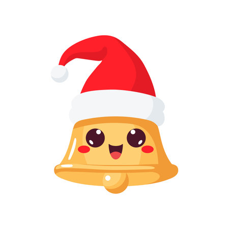 Cute Christmas bell in santa hat. Xmas Decoration in cartoon style. Winter holiday element. Vector illustration.のイラスト素材