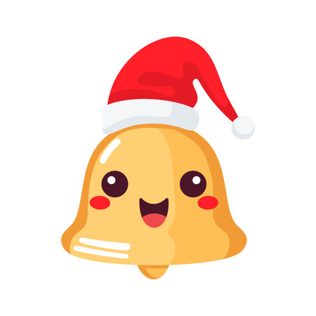 Cute Christmas bell in santa hat. Xmas Decoration in cartoon style. Winter holiday element. Vector illustration.のイラスト素材