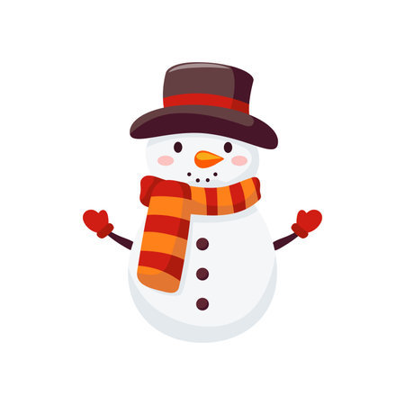 Cute Christmas snowman in hat. Xmas Decoration in cartoon style. Winter holiday element. Vector illustration.のイラスト素材