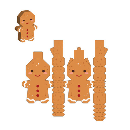 Simple packaging favor box gingerbread man design for sweets, candies, small presents. Party package template. Print, cut out, fold, glue. Vector stock illustrationのイラスト素材