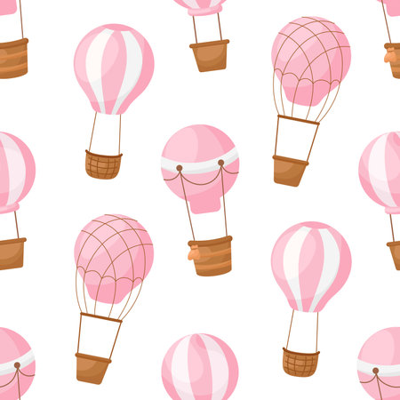 Cute childrens seamless pattern with pink hot air balloons. Creative kids texture for fabric, wrapping, textile, wallpaper, apparel. Vector illustrationのイラスト素材