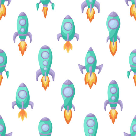 Cute childrens seamless pattern with green rockets. Creative kids texture for fabric, wrapping, textile, wallpaper, apparel. Vector illustrationのイラスト素材