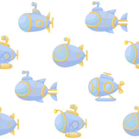 Cute childrens seamless pattern with submarines. Creative kids texture for fabric, wrapping, textile, wallpaper, apparel. Vector illustrationのイラスト素材