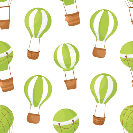 Cute children's seamless pattern with green hot air balloons. Creative kids texture for fabric, wrapping, textile, wallpaper, apparel. Vector illustration.のイラスト素材
