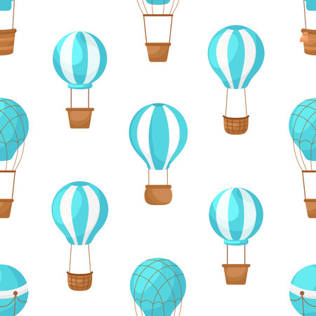 Cute children's seamless pattern with blue hot air balloons. Creative kids texture for fabric, wrapping, textile, wallpaper, apparel. Vector illustration.のイラスト素材