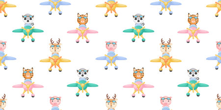 Cute little animals fly on plane seamless childish pattern. Funny cartoon animal character for fabric, wrapping, textile, wallpaper, apparel. Vector illustration.のイラスト素材