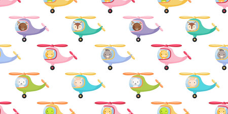 Cute little animals fly on helicopter seamless childish pattern. Funny cartoon animal character for fabric, wrapping, textile, wallpaper, apparel. Vector illustration.のイラスト素材
