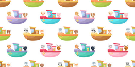 Cute little animals on boat seamless childish pattern. Funny cartoon animal character for fabric, wrapping, textile, wallpaper, apparel. Vector illustration.のイラスト素材