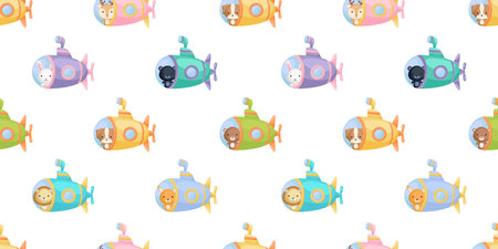 Cute little animals on submarine seamless childish pattern. Funny cartoon animal character for fabric, wrapping, textile, wallpaper, apparel. Vector illustration.のイラスト素材
