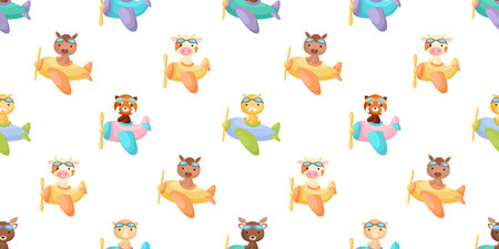 Cute little animals fly on plane seamless childish pattern. Funny cartoon animal character for fabric, wrapping, textile, wallpaper, apparel. Vector illustration.のイラスト素材