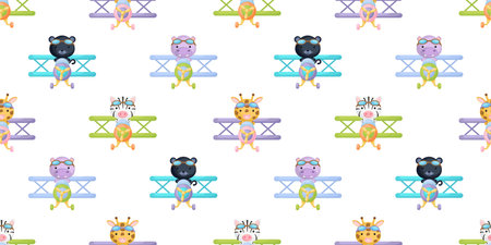 Cute little animals fly on plane seamless childish pattern. Funny cartoon animal character for fabric, wrapping, textile, wallpaper, apparel. Vector illustrationのイラスト素材