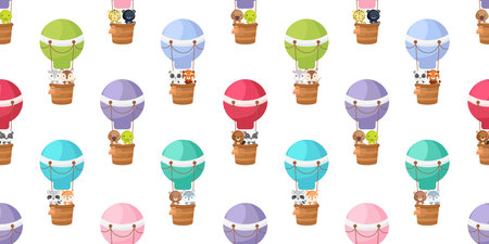 Cute little animals fly on hot air balloons seamless childish pattern. Funny cartoon animal character for fabric, wrapping, textile, wallpaper, apparel. Vector illustrationのイラスト素材