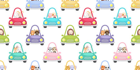 Cute little animals driven car seamless childish pattern. Funny cartoon animal character for fabric, wrapping, textile, wallpaper, apparel. Vector illustrationのイラスト素材