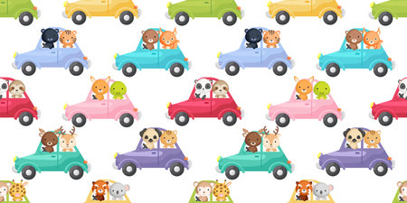 Cute little animals driven car seamless childish pattern. Funny cartoon animal character for fabric, wrapping, textile, wallpaper, apparel. Vector illustrationのイラスト素材