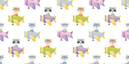 Cute little animals fly on plane seamless childish pattern. Funny cartoon animal character for fabric, wrapping, textile, wallpaper, apparel. Vector illustration.のイラスト素材