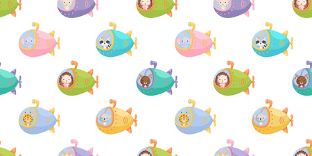 Cute little animals on submarine seamless childish pattern. Funny cartoon animal character for fabric, wrapping, textile, wallpaper, apparel. Vector illustration.のイラスト素材