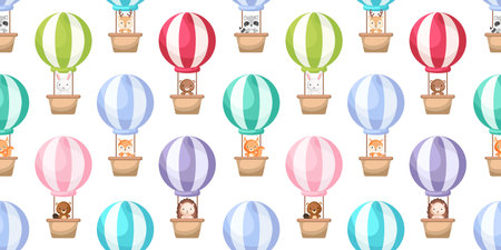 Cute little animals fly on hot air balloons seamless childish pattern. Funny cartoon animal character for fabric, wrapping, textile, wallpaper, apparel. Vector illustration.のイラスト素材