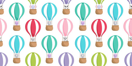 Cute little animals fly on hot air balloons seamless childish pattern. Funny cartoon animal character for fabric, wrapping, textile, wallpaper, apparel. Vector illustration.のイラスト素材