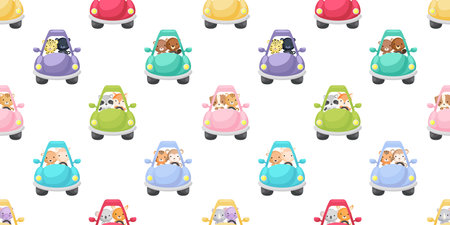 Cute little animals driven car seamless childish pattern. Funny cartoon animal character for fabric, wrapping, textile, wallpaper, apparel. Vector illustration.のイラスト素材