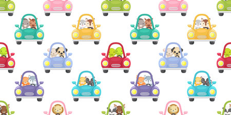 Cute little animals driven car seamless childish pattern. Funny cartoon animal character for fabric, wrapping, textile, wallpaper, apparel. Vector illustration.のイラスト素材