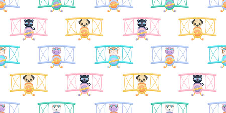 Cute little animals fly on plane seamless childish pattern. Funny cartoon animal character for fabric, wrapping, textile, wallpaper, apparel. Vector illustration.のイラスト素材
