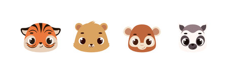 Cute funny animal heads. Wild cartoon animal characters for baby print design, baby shower...
