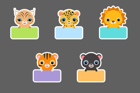 Sticky labels set for baby name. Cute cartoon animals shaped notepads, memo pad, colored school labels, scrapbooking, cards, baby shower, invitation. Vector stock illustrationのイラスト素材