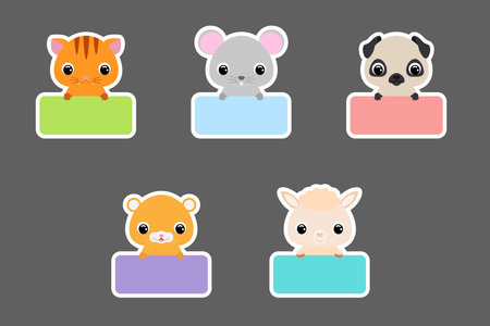 Colored school labels set for kids. Cute cartoon animals shaped notepads, memo pad, sticky tags, scrapbooking, cards, baby shower, invitation. Vector stock illustrationのイラスト素材