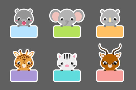 Colored school labels set for kids. Cute cartoon animals shaped notepads, memo pad, sticky tags, scrapbooking, cards, baby shower, invitation. Vector stock illustrationのイラスト素材
