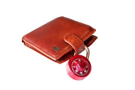 Wallet and padlock  Isolated brown wallet and combination padlock  の写真素材