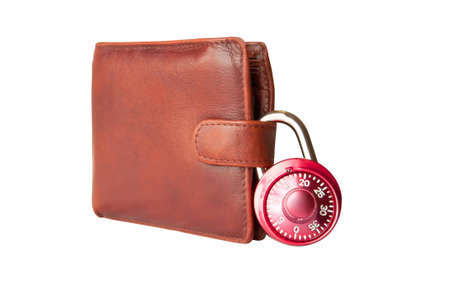 Isolated brown wallet and combination padlockの写真素材