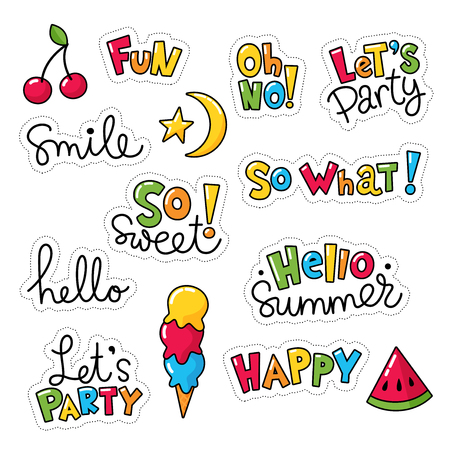 Set of vector stickers, patches with lettering and summer symbols.のイラスト素材