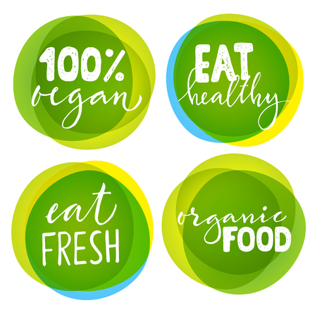 Set of four vegetarian labels with lettering. Healthy food stickers.のイラスト素材