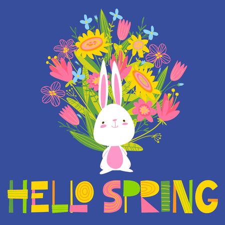 Cute vector card with little bunny, flower and hello spring letteringのイラスト素材