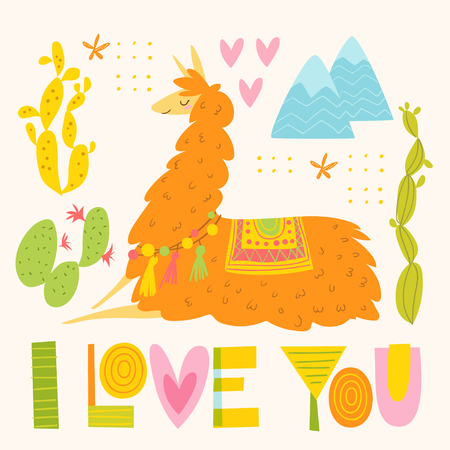 Vector poster with cartoon dreaming alpaca and I love you lettering.のイラスト素材