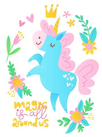 Cute vector poster with cartoon unicorn and letteringのイラスト素材
