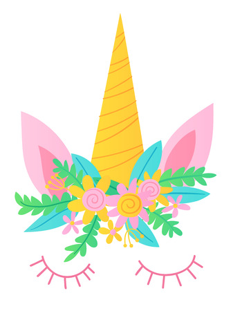 Cute vector unicorn character mask. Unicorn with flowers.のイラスト素材