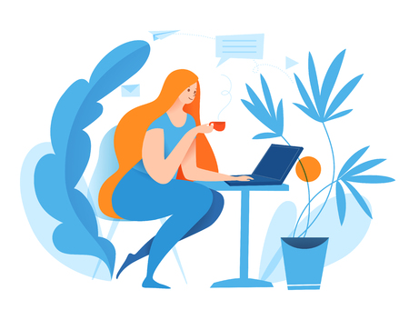 Vector concept business illustration with woman drinking coffeeのイラスト素材