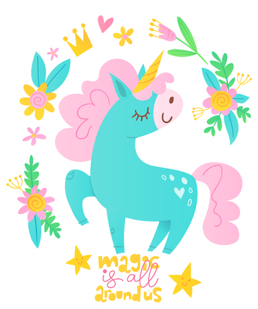 Cute vector happy birthday card with cartoon magic unicorn character and motivational text. Dream like a unicorn.のイラスト素材