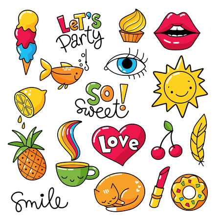 Set of cool stickers, patches with food and summer elements.のイラスト素材
