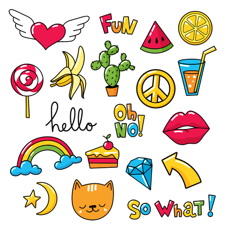 Set of cool stickers, patches with food and summer elements.のイラスト素材