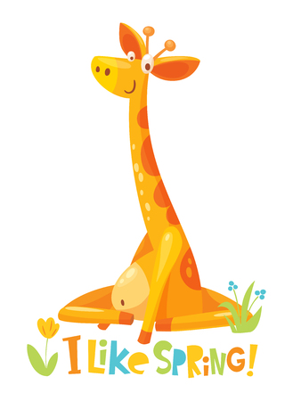Vector cute funny giraffe character with flowers and springのイラスト素材