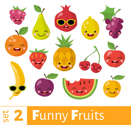 Fruits icons set in flat style with smiling food icons.のイラスト素材