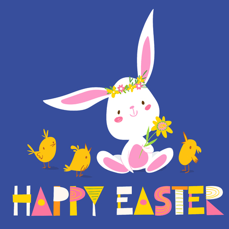 Cute vector card with easter bunny and chickens Happy Easter lettering. Eater spring poster in cartoon styleのイラスト素材