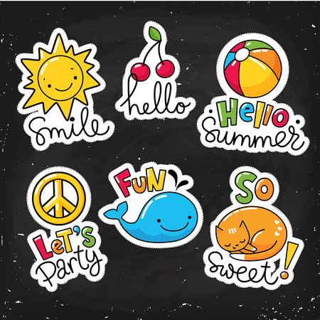 Set of cool stickers, patches with food and summer elements.のイラスト素材